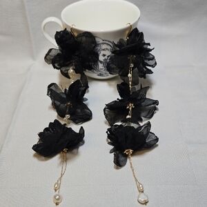 Black Floral Statement Drop Earrings with Pearl Accents